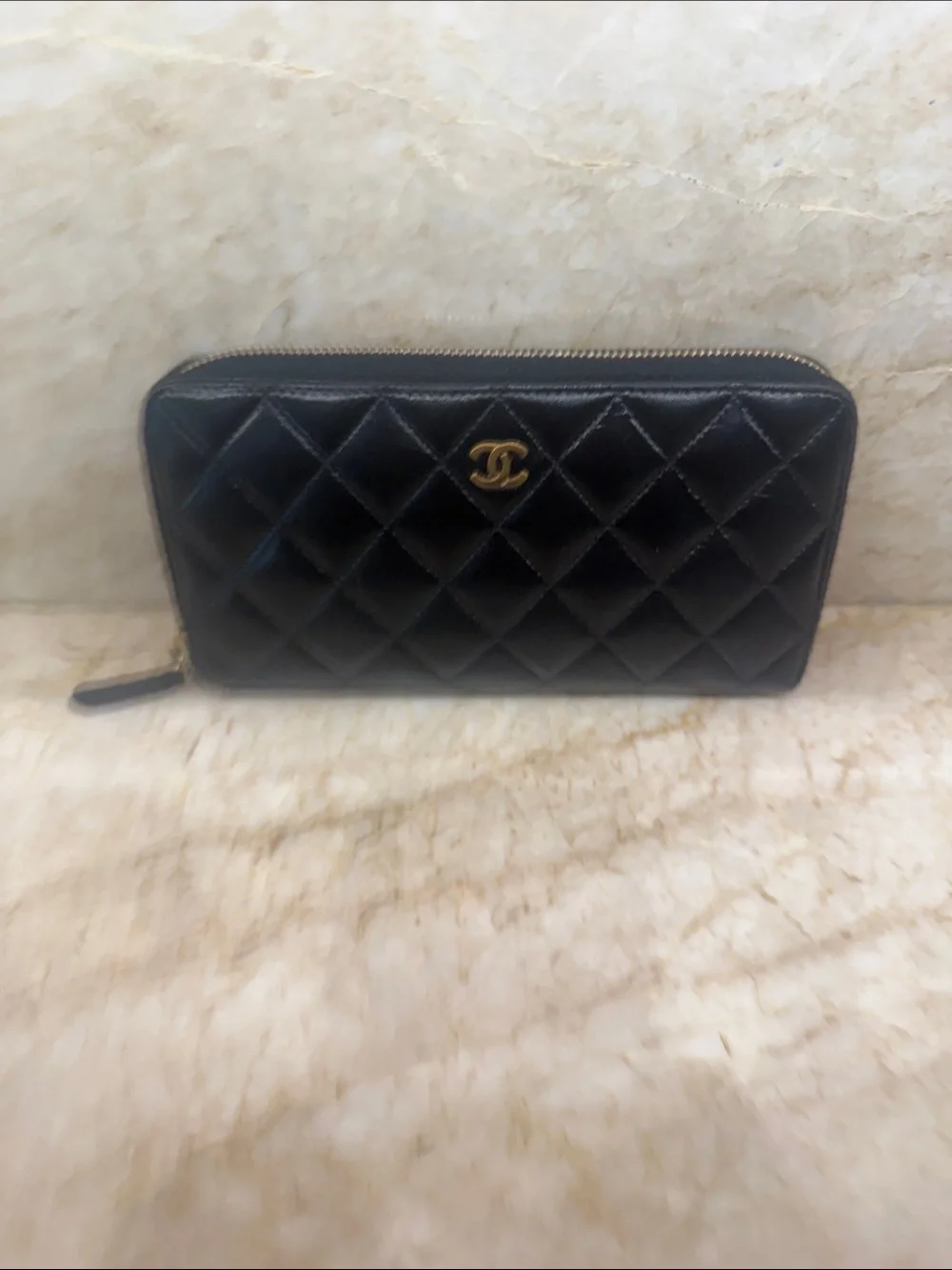 CHANEL Black Quilted Zip-Around Wallet with Gold CC